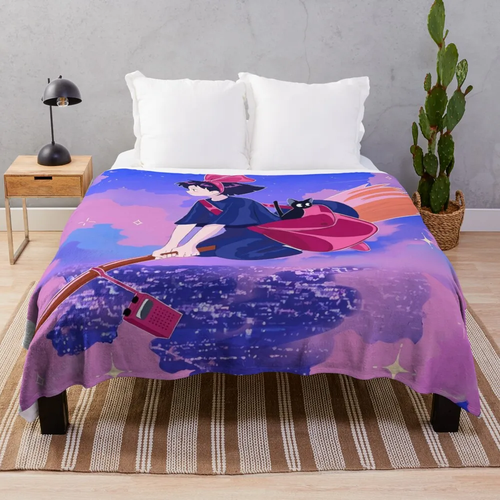 nights Cute kawaii art girl kiki's go -%[ghiblis]%- flying away anime Throw Blanket Decorative Sofa For Baby Blankets