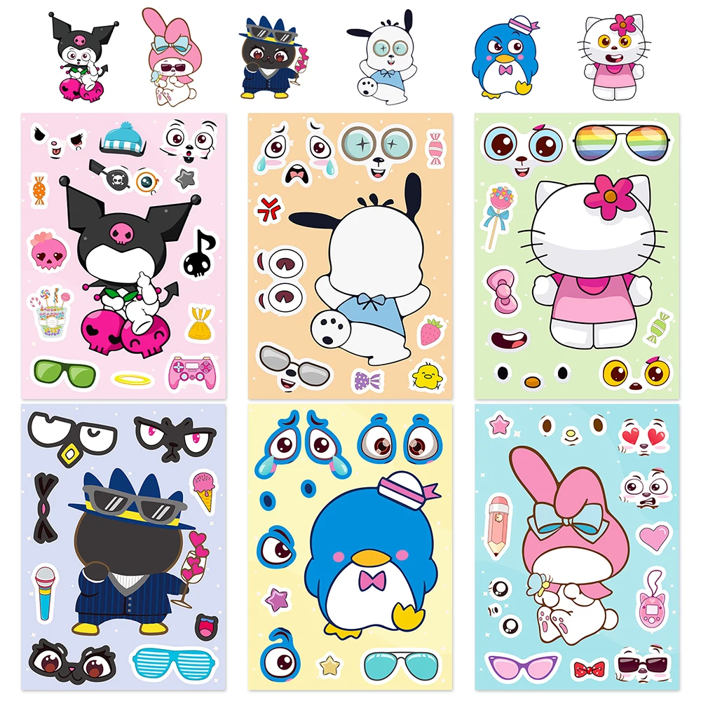 6/12Sheets Children Make a Face Sanrio Puzzle Stickers DIY Hello Kitty Pochacco My Melody Kids Educational Jigsaw Toy Decoration