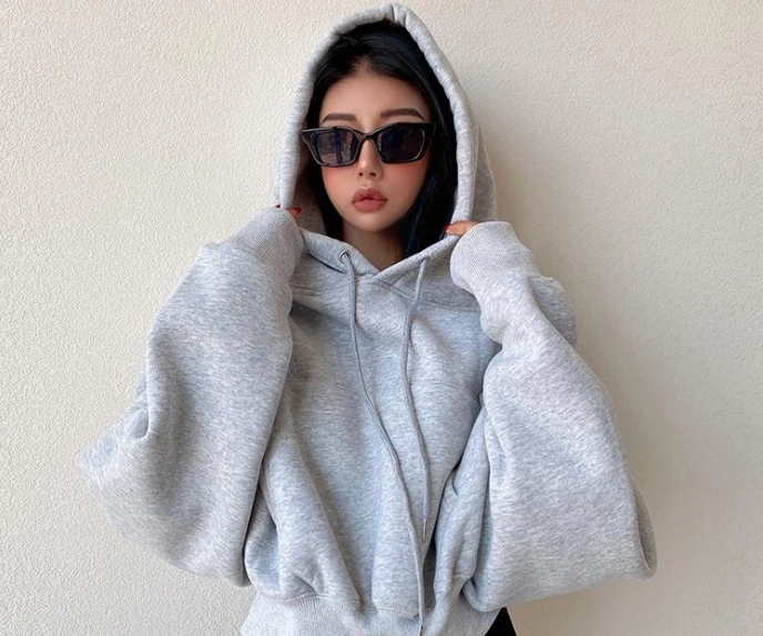 Solid Gray Hoodies Women Autumn Loose Fleece Crop Tops Streetwear Two Colors Winter Basic Hooded Sweatshirts Cropped Pullovers