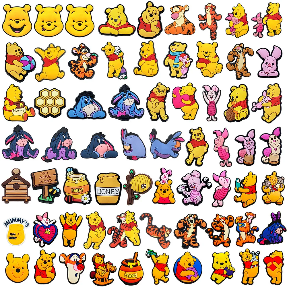 20-66pcs Cartoon Pooh Piglet Tigger Honey Shoe Charms PVC Shoes Accessories Decoration For Clog Sandal Garden Kids X-mas Gifts
