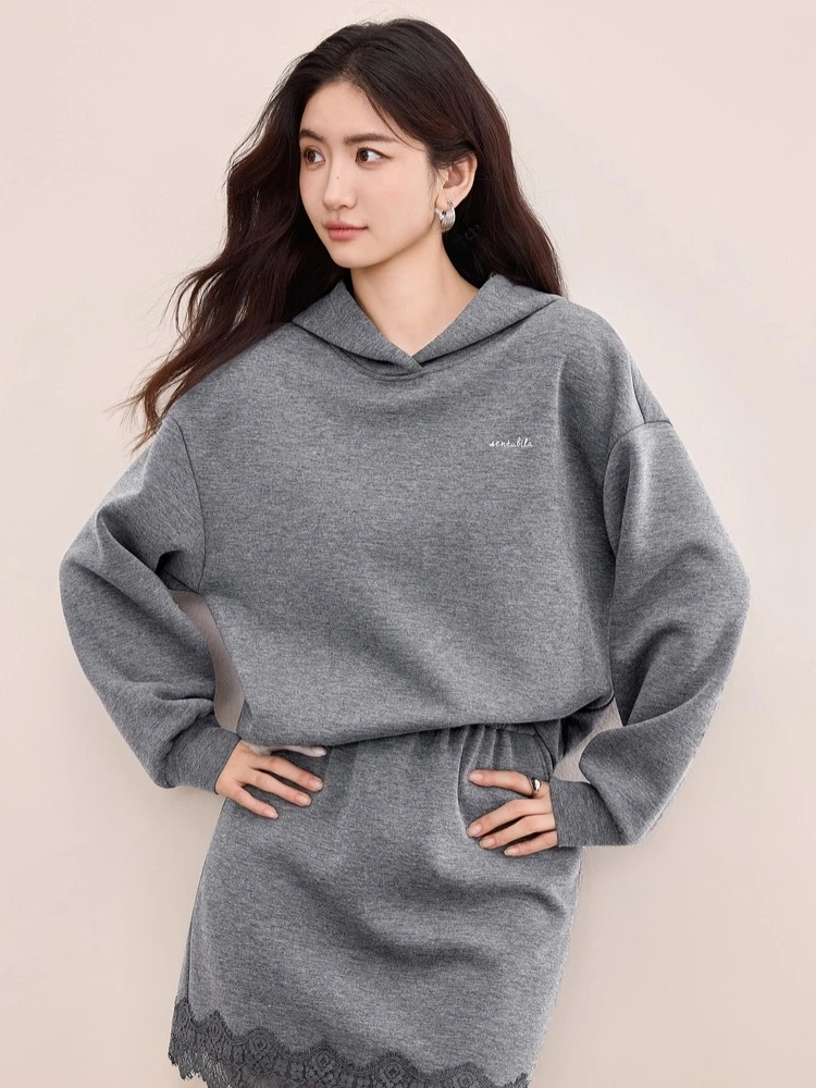 SENTUBILA jupe ensembles à capuche lettre brodée coupe ample sweat a-ligne jupe courte 2025 automne femme deux pièces ensemble 153ZH2419