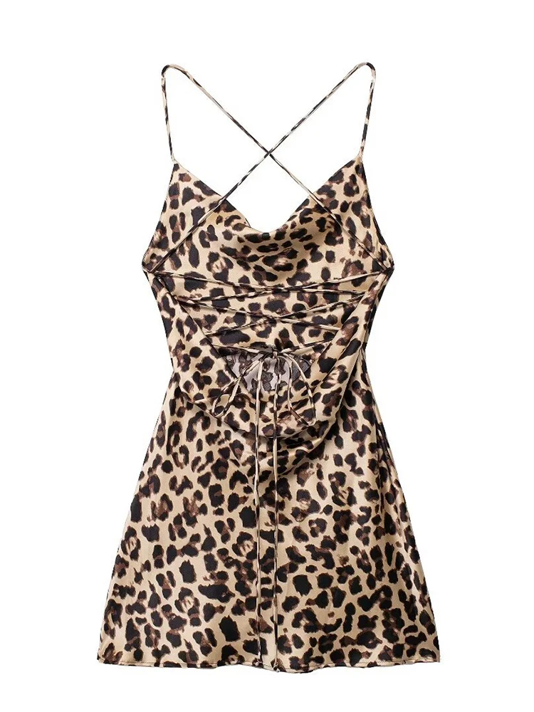 TRAF  Women's Sexy Mini Wrap Hip Dress Summer New Backless Sling Leopard Short Dress Holiday Beach Party Fashion Women's Dress