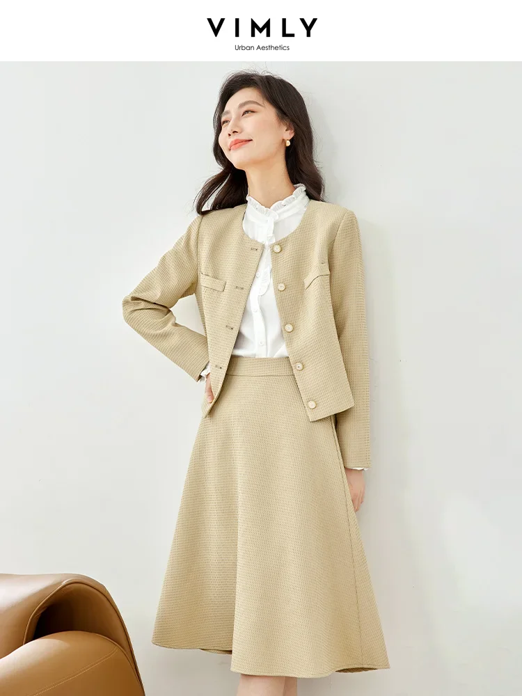 Vimly Texture Two Piece Skirt Sets for Women 2024 Spring Elegant Office Outfits Short Jacket Elastic Waist A-line Flared Skirts