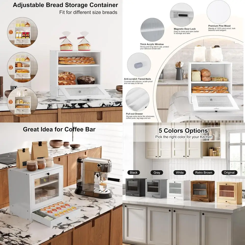 

Large Capacity Vintage-Style Bread Box with Adjustable Shelves, Ventilation Holes, and Window, White