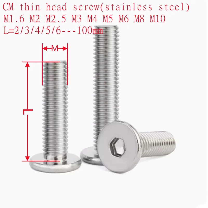 2pcs-100pcs M1.4 M1.6 M2 M2.5 M3 M4 M5 M6 M8 M10 Stainless Steel Hex Socket Ultra Thin Super Low Flat Wafer Head Allen Cap Screw