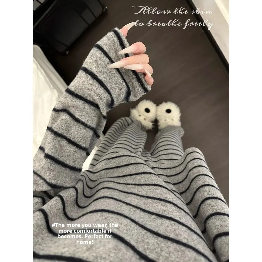 Korean Style Striped Double-Sided Velvet Sleepwear Long Sleeve Loose Simple Warm Home Clothes Set for Spring Autumn Winter