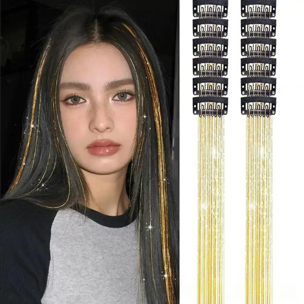 

Synthetic Hair Extensions 12 Pieces Laser Gold Wire Shiny Ribbon Silk Straight Hair Wig Pieces Dyed Simulated Hair