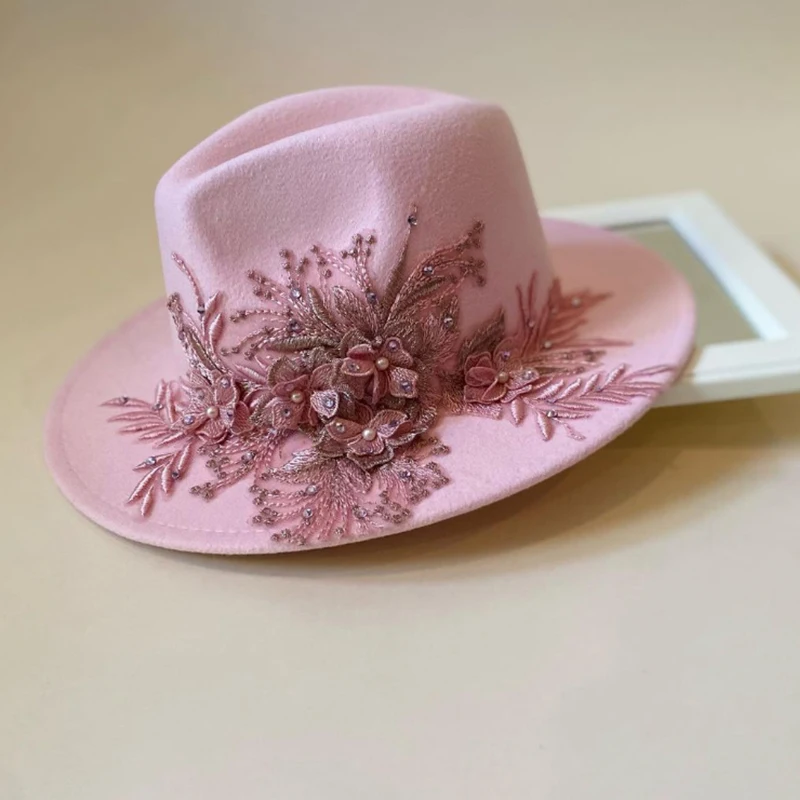 Embroidered three-dimensional flower fedora hat Women\'s jazz top hat Spring and autumn panama church fashion elegant wedding Hat