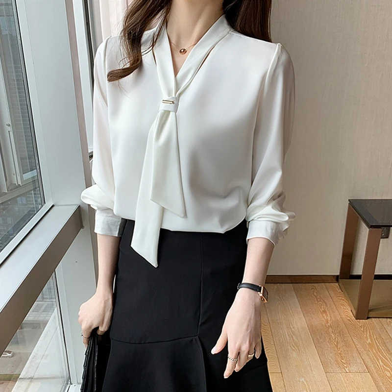 2023 Fashion Chiffon Blouse Women Tops Office Long Sleeve White Women Shirts With Tie V Neck Loose Female Clothing New 13022