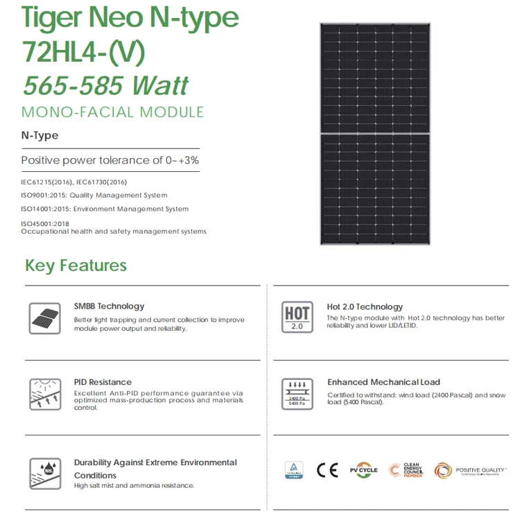 Jinko Solar 565W 570W 575W 580W 585 Watts Tiger Neo N-type Pv Modules Photovoltaic Mono Solar Panels From China