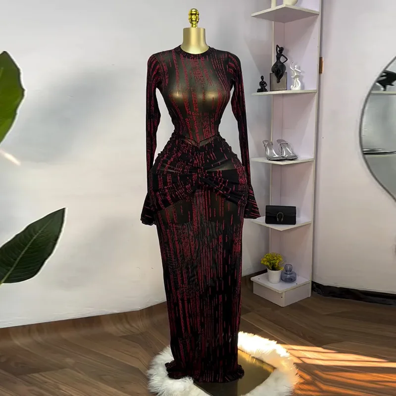 

Women O Neck Long Sleeve Mesh Dot Stretch See Though Maxi Long Dress 2025 Evening Birthday Sexy Party Dresses Vestido