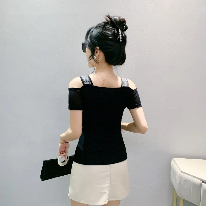 M-3XL New Summer European Clothes T-Shirt Women Fashion Sexy Off Shoulder Shiny Diamonds Butterfly Tops Female Slim Mesh Tees