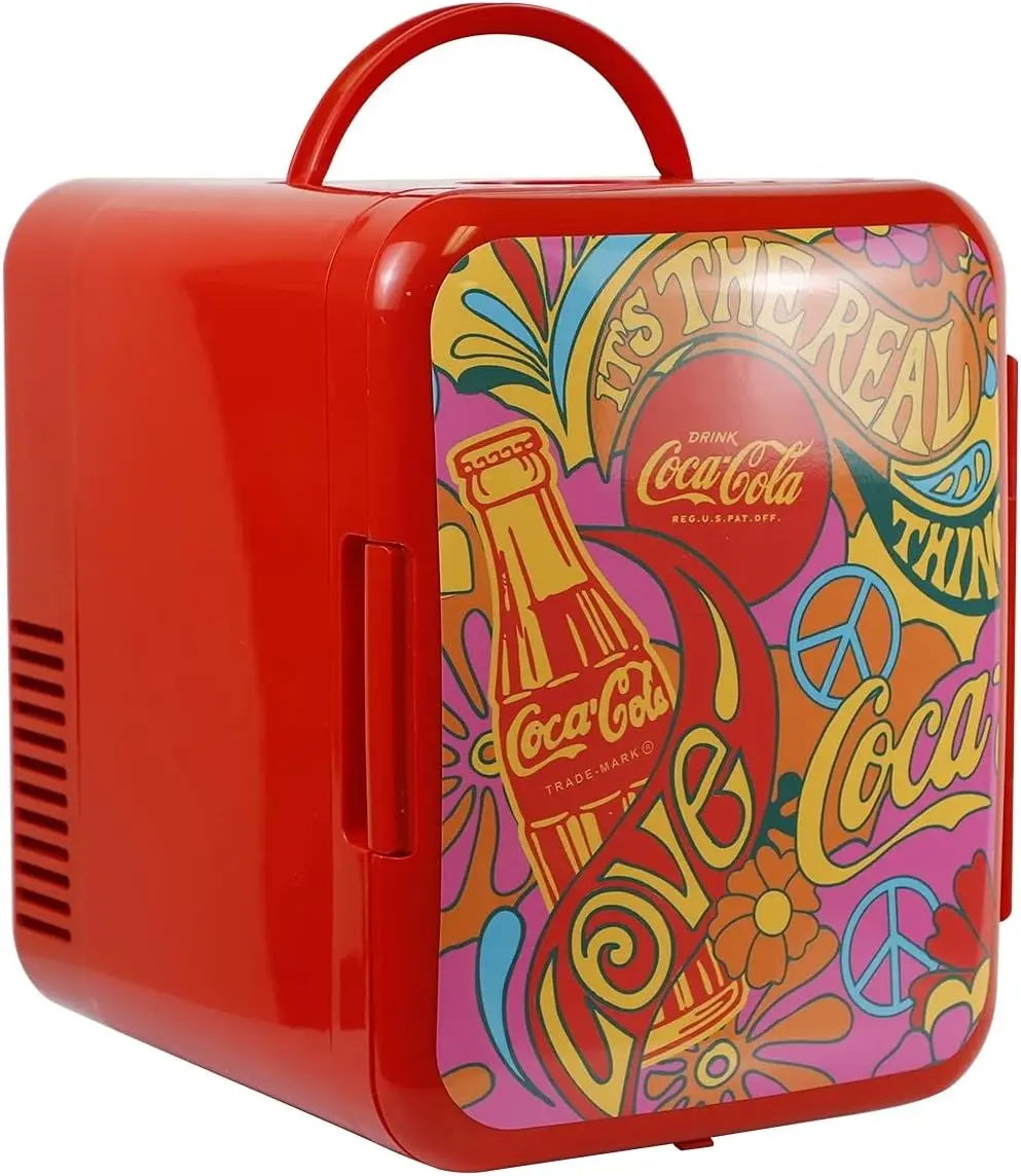 

Coca-Cola Peace 1971 Series Portable 6 Can Thermoelectric Mini Fridge Cooler/Warmer, 4 L/4.2 Quarts Capacity, 12V DC/110V AC