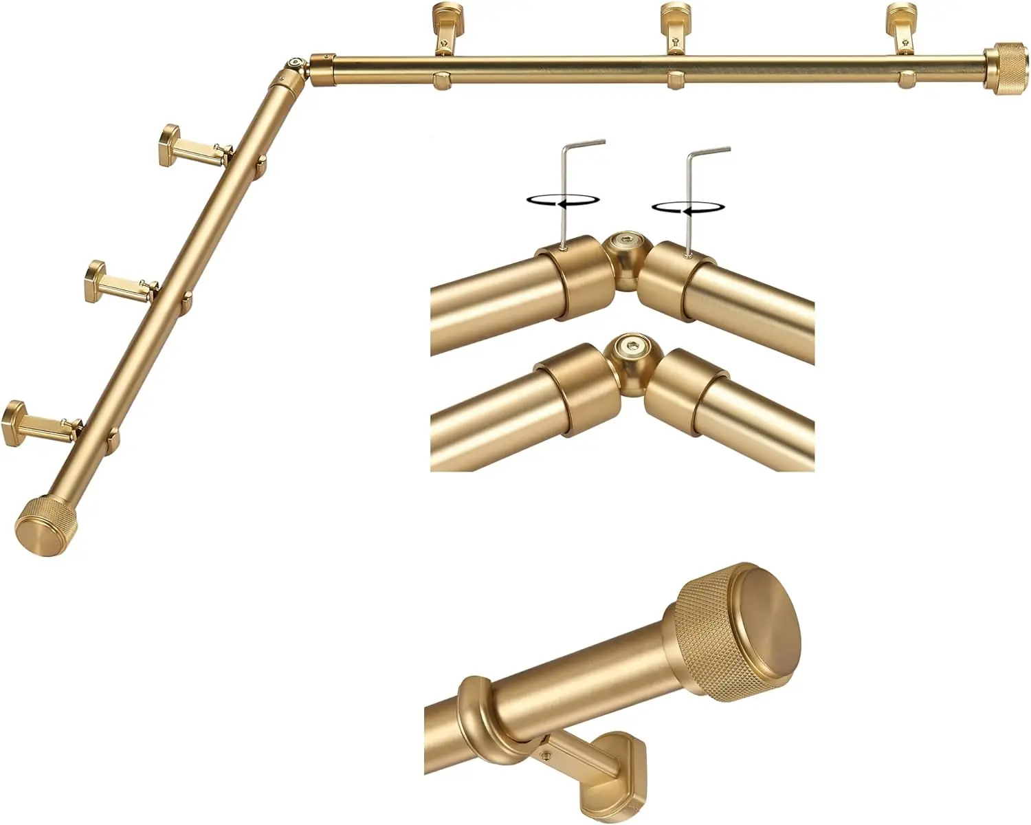 

1-1/8" Curved Bay Window Curtain Rods 36-72" Telescoping, Solid Aluminum Finials, Adjustable Bracket, Brushed Gold