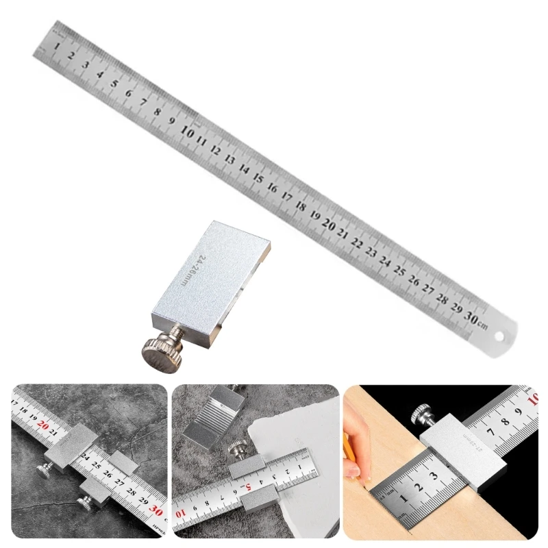 Scribing Ruler with Slide Stop Aluminum Carpentry Marking Gauge 15/20/30/40cm H4GE