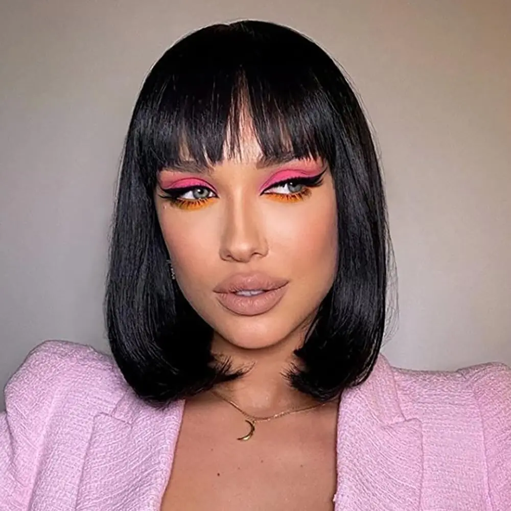 باروكة شعر بشري بوب للنساء شعر بشري قصير مفرود مع ماكينة الانفجارات مصنوعة من شعر مستعار أسود طبيعي مقاس 12-14 بوصة