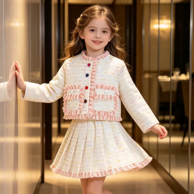 Toddler Girls Cream Tweed 2-Piece Kids Fringe Trim Coat Pleated Skirt Autumn Elegant Little Girls Party Princess Outfit 90-130cm