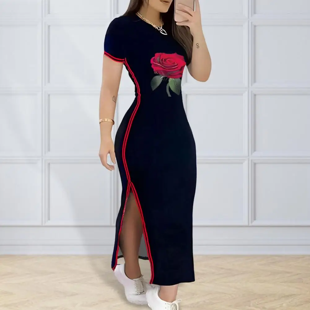 

Women's Dress Side Slit Rose Print Slim Round Neck Short-sleeved Casual Dress Everyday Wear