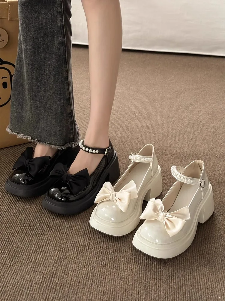 

Mary Janes Thick Heel High Heels Women's Shoes Spring Autumn Knot PU Leather round Toe Casual Fashion Single Shoes