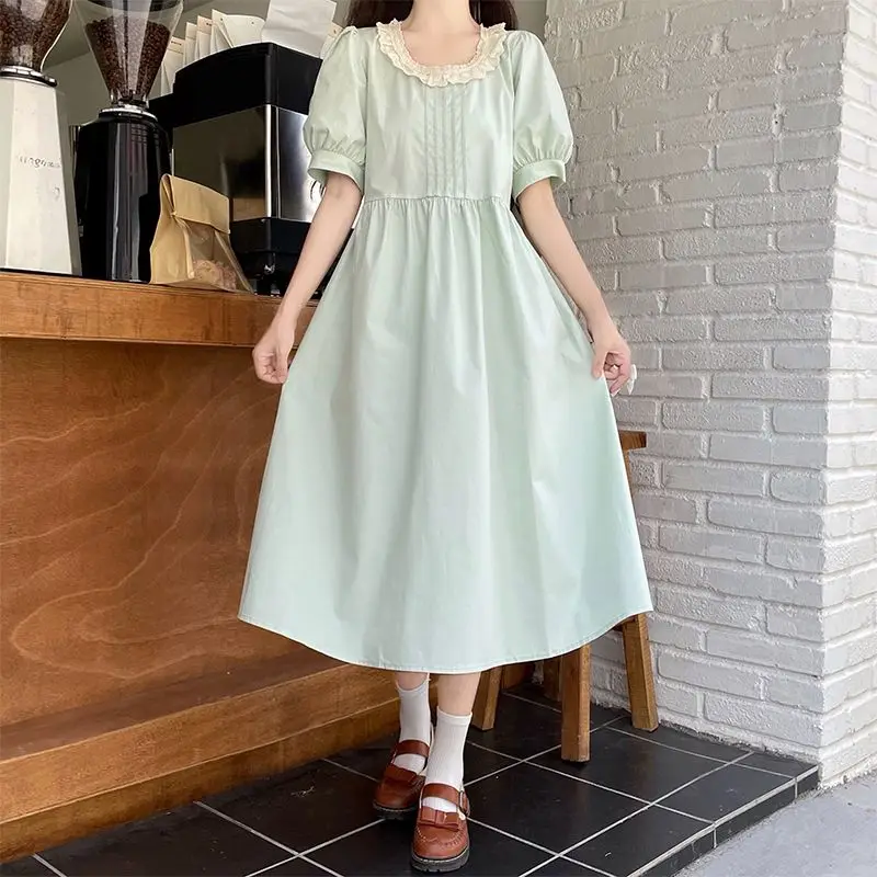 

2024 New Little Fresh Womens Short Sleeve Solid Patchwork Lace Round Neck Casual Long Dress Summer Beach Party Dresses D231