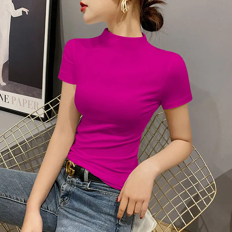 Luxury 2023 New Korean Style Women\'s Clothes High Neck Stretch Short Sleeve Tight-fitting T-shirt Summer Girls Ins Red  Tee Top