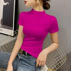 Luxury 2023 New Korean Style Women's Clothes High Neck Stretch Short Sleeve Tight-fitting T-shirt Summer Girls Ins Red  Tee Top