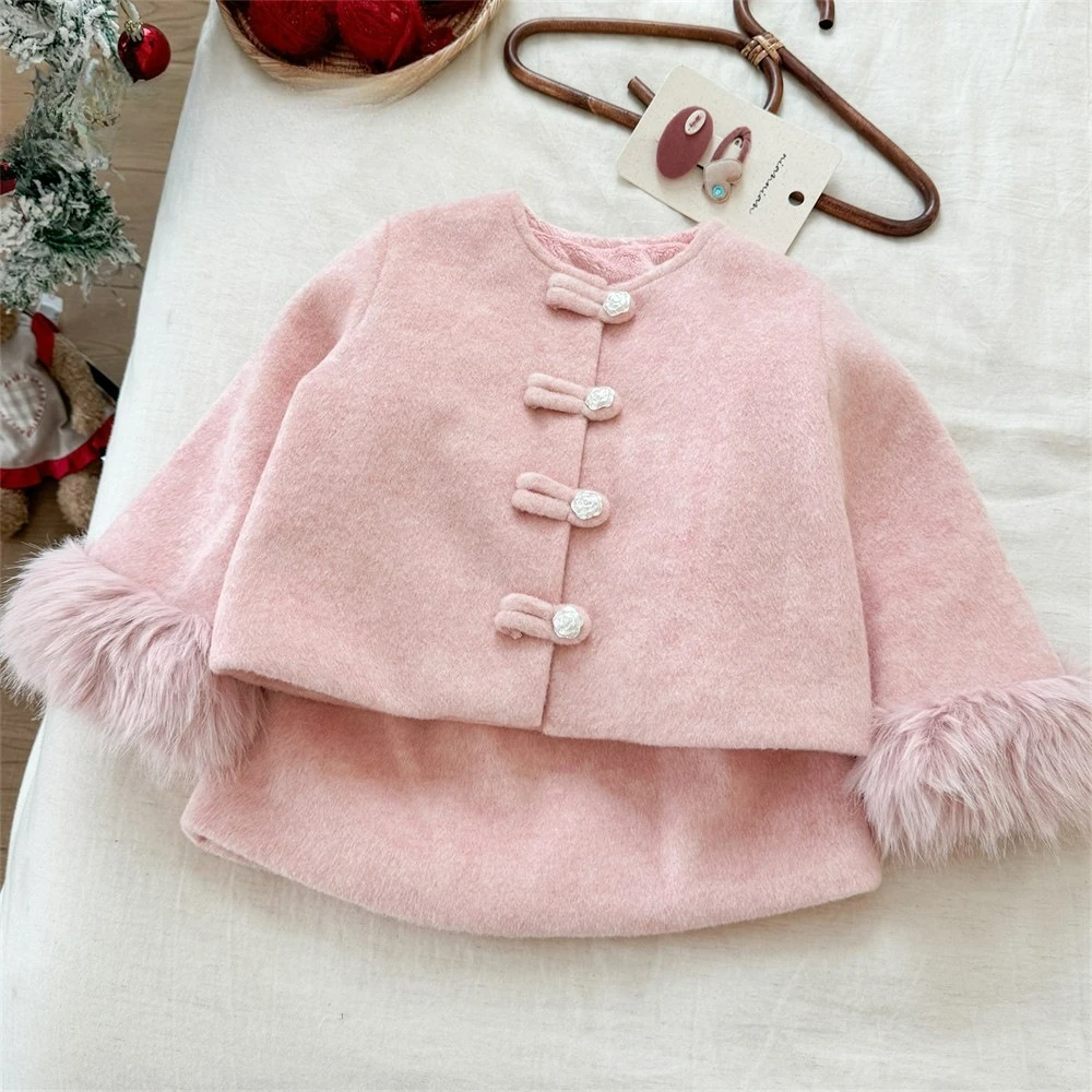 Autumn and Winter Girls Fashionable Chinese Style Button Up Cardigan Hairy Cuff Coat Stylish Thick Half Skirt Kids Outfits Set