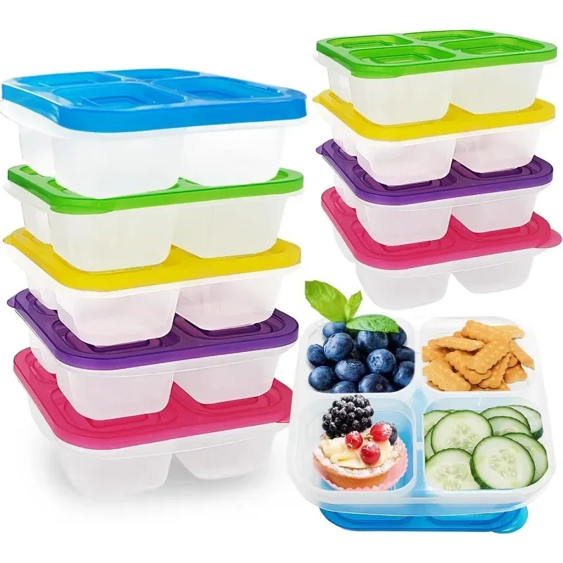 

10 count Snack Bento Boxes,4-Compartment Lunch Containers,Reusable Food container with Lid for Travel,School,Work, Adults