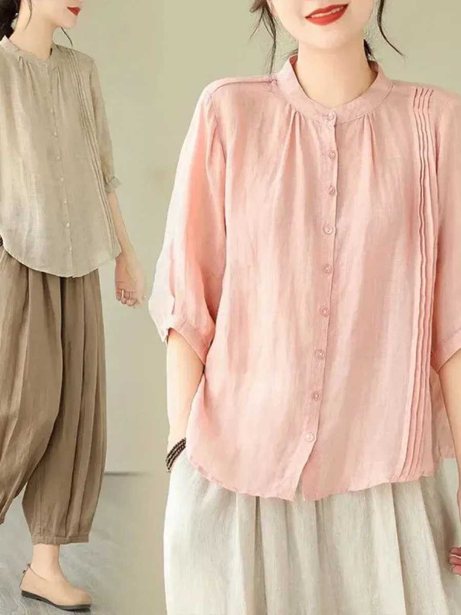 Loose Cotton Linen round Neck Shirt Women's plus Size Fashionable Mommy Clothes Hiding Belly Button Slimming Top Women