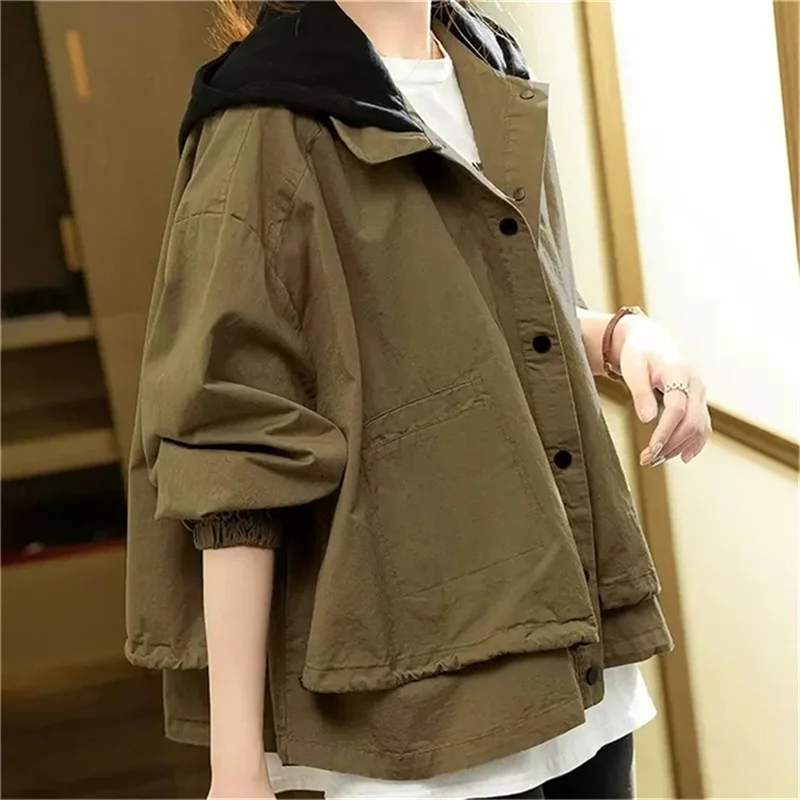 High-End Hooded Jacket Versatile Loose Jacket Women\'s Solid Button Pocket Casual Patchwork Contrasting SweaterShirt  Brown Coats