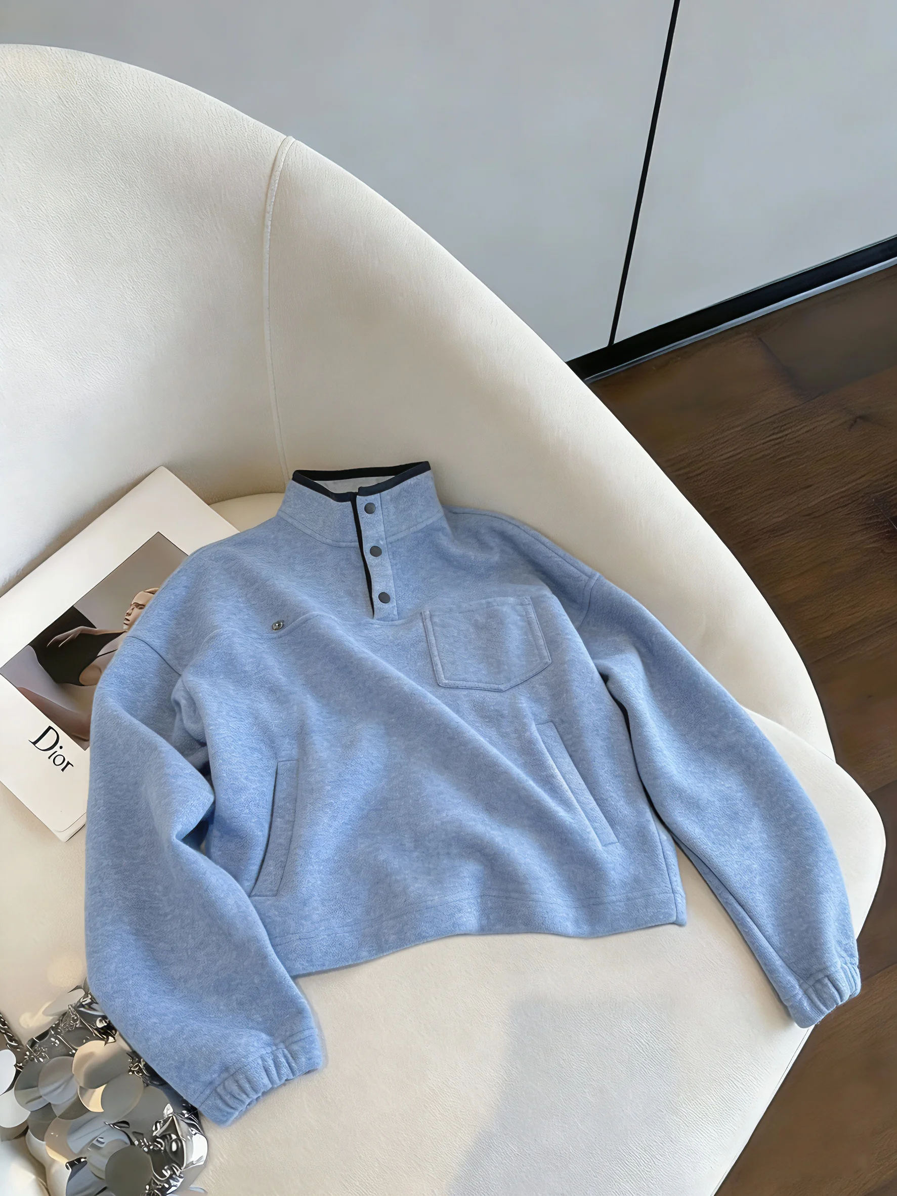 

Корейская синяя толстовка свободного кроя с длинными рукавами для женщин, весна-осень, винтажный стиль, с воротником-стойкой на пуговицах