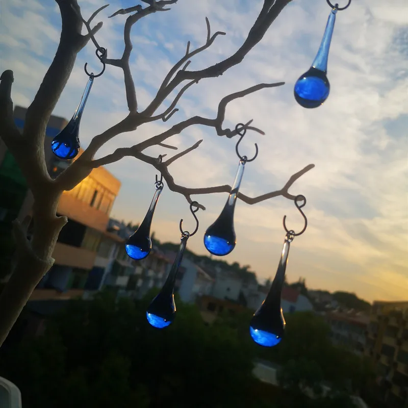 Lustre en cristal de goutte de pluie de lumière bleue en verre, barre de pendentif d'arbre de Noël, décoration d'intérieur de mariage, 20 pièces par lot, crochets gratuits, 20x80mm