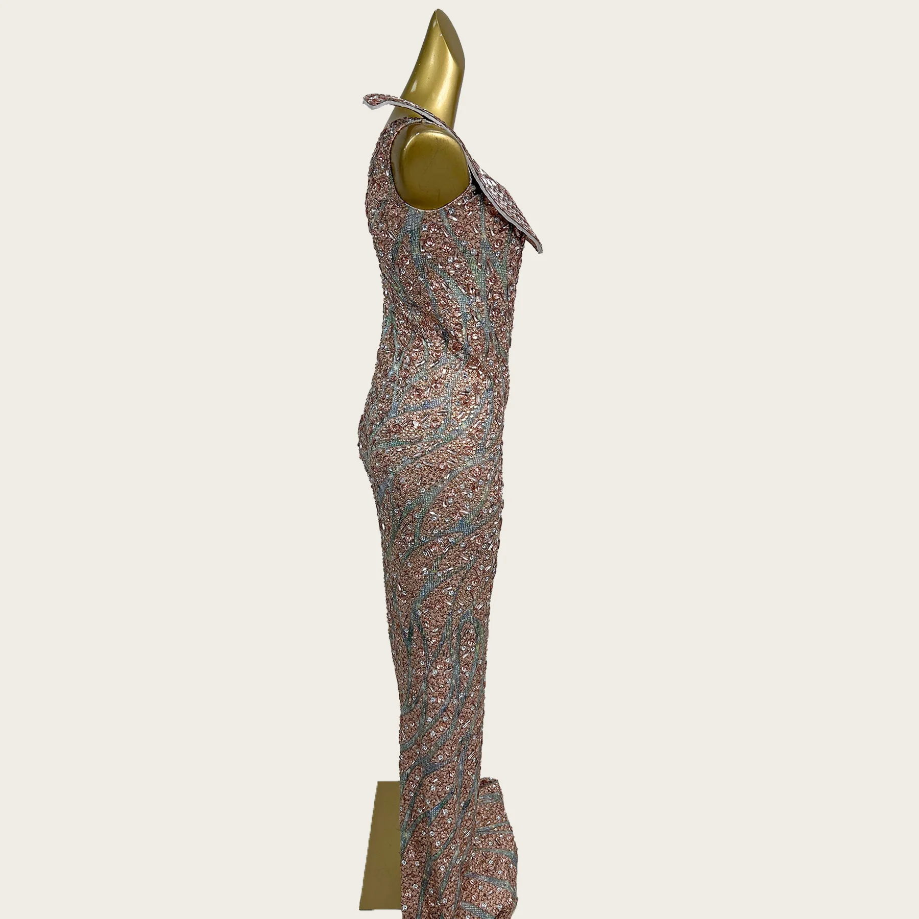 

Luxury Rose Gold Gradient Beaded Long Dress Women Strapless Crystal Bodycon Event Sparkly Rhinestone Gala Sexy Couture Wanyue