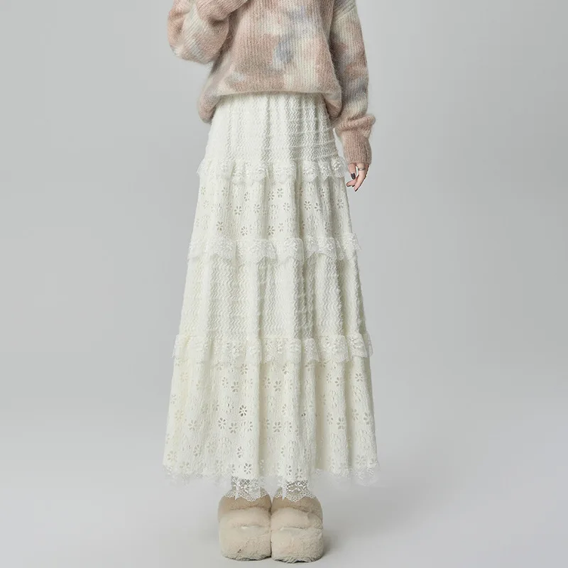 

Sweet White Elegant Lace Skirt Women'S Autumn Spring Tierred Spliced Flower Hollow Medi Fairy A-Line Skirt Long Maxi Chic Party