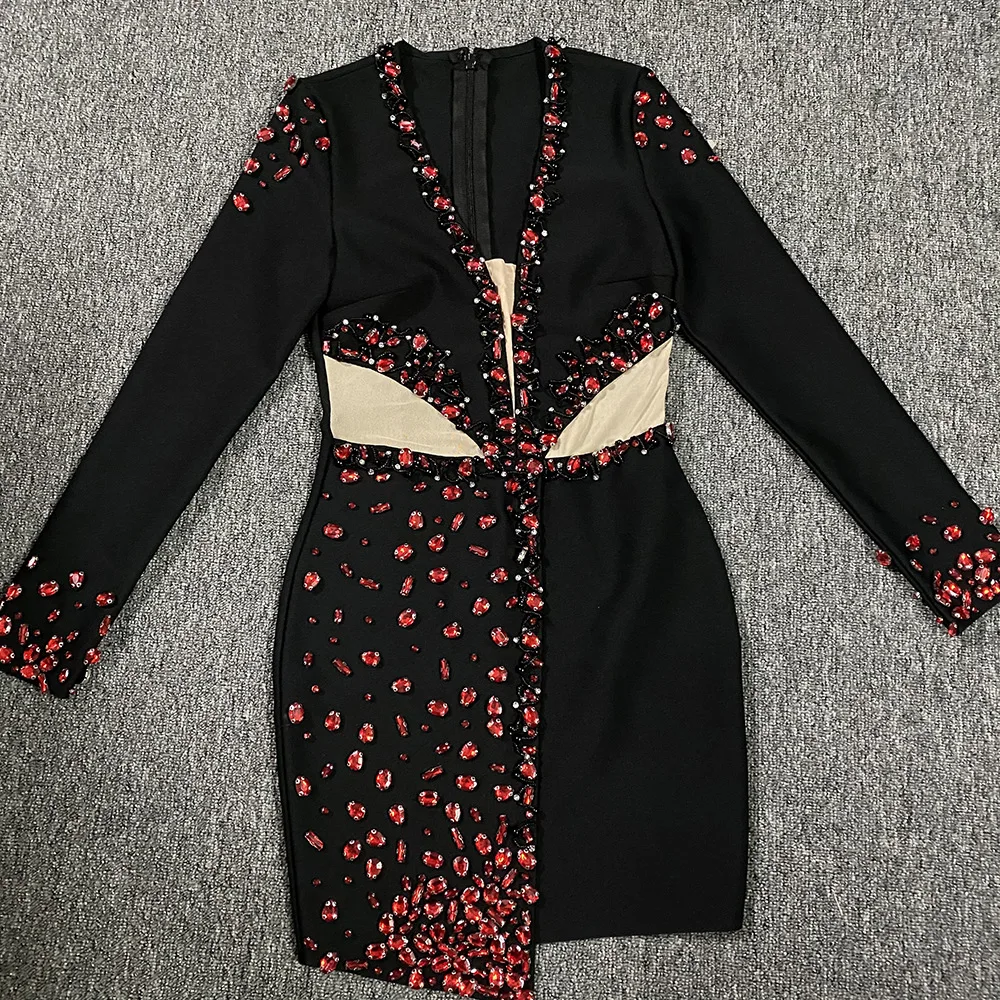 Femmes à manches longues robe Bandaeg rouge cristal découpé maille incrusté col en V profond moulante Mini haute rue soirée Club robes de soirée
