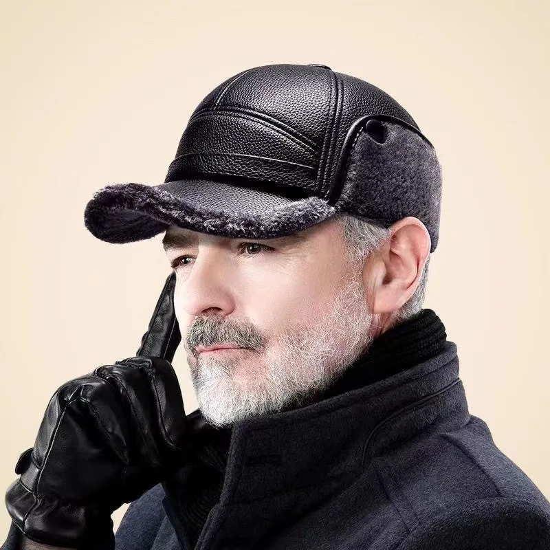 

Winter Men's PU Leather Warm Peaked Cap Middle-aged and Elderly People Fleece Warm Ear Protection Hat Windproof Hat Dad Hat