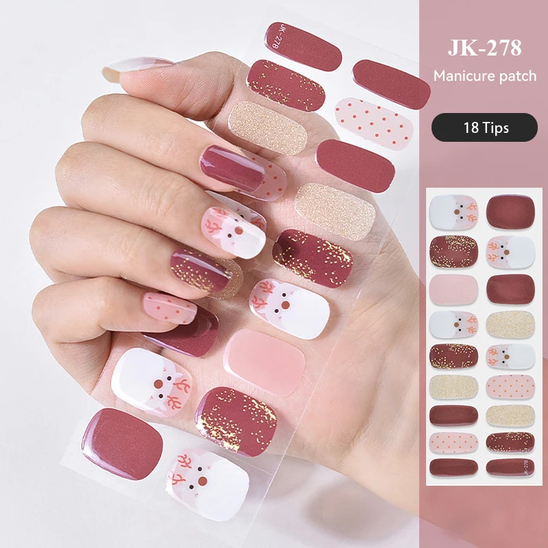 New Years Design Semi-cured UV Gel Nail Stickers Full Cover UV/LED Lamp Required Gel Nail Strips Press On Nail Decal