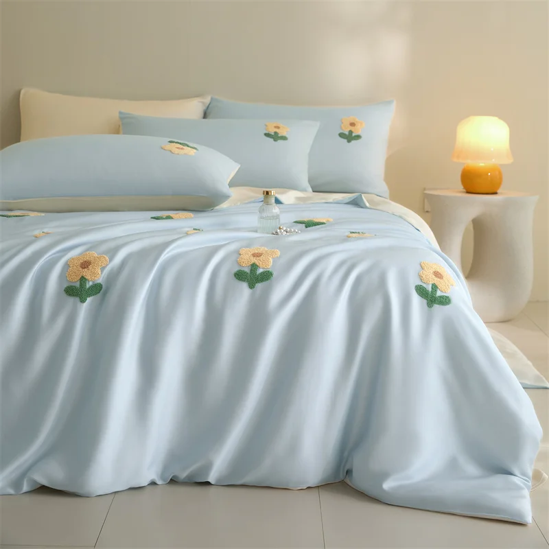 3pcs Blue Duvet Cover Set (1*Duvet Cover + 2*Pillowcase, Without Core),Sun flowers embroidery Bedding Set, Soft Comfortable