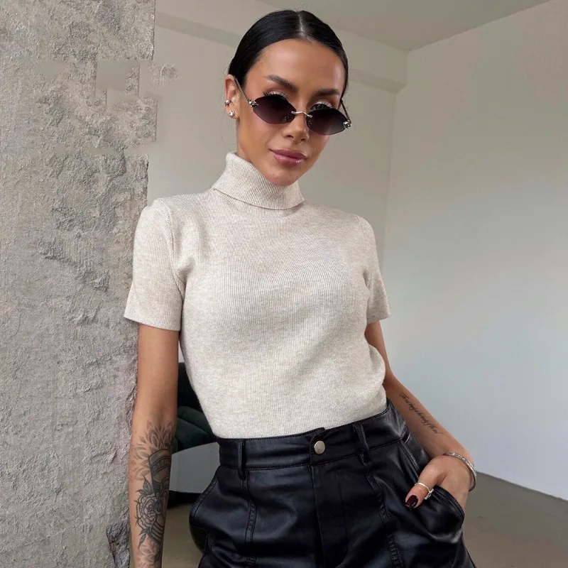 

Ticketsx Summer Knitted Tops Women Fashion Turtleneck Solid Casual Short Sleeve Pullover Casual Commuting Streetwear Female Tops