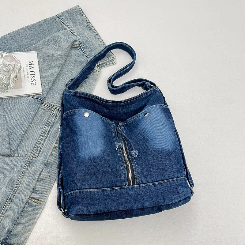 Fashionable Denim Backpack Women Multifunctional Large Capacity Casual Crossbody Bag Comfortable and Versatile Bucket Bag Spring