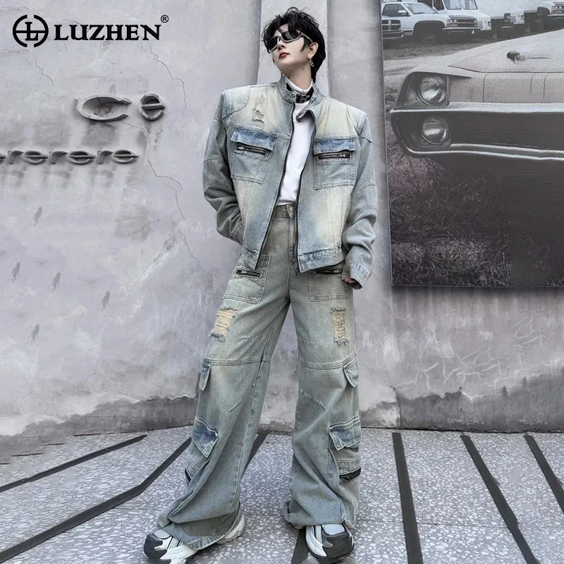 

LUZHEN Fashion Wornout Denim Jackets Sets Personalized Trendy Men Stylish Street Patched Design Straight Jeans Two Piece LZ5212