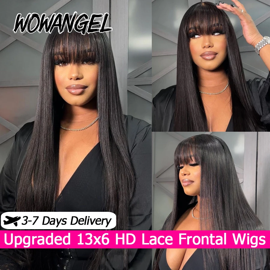 WOWANGEL Bone Straight Wig With Bangs 13x6 HD Парик из натуральных волос на кружеве спереди Бразильский Vrigin Skinlike HD Кружевные фронтальные парики для женщин