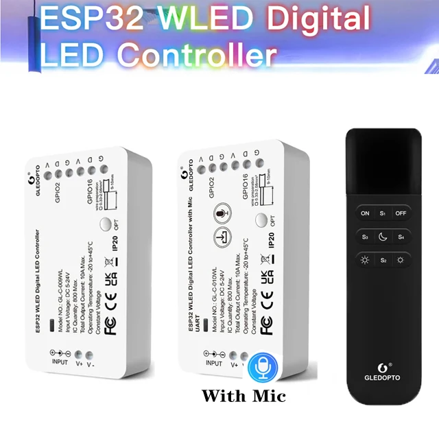 GLEDOPTO ESP32 WLED LED Controller With Mic DIY Music Dynamic Modes DC 5-24V Use For WS2811 WS2812 SK6812 WS2815 Strip Lights