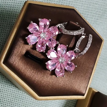 Rosa Blume funkelnde Zirkon S925 Sterling Silber Tropfen Ohrringe für Frauen Vintage-Schmuck Hochzeit Verlobung Creolen Geschenke