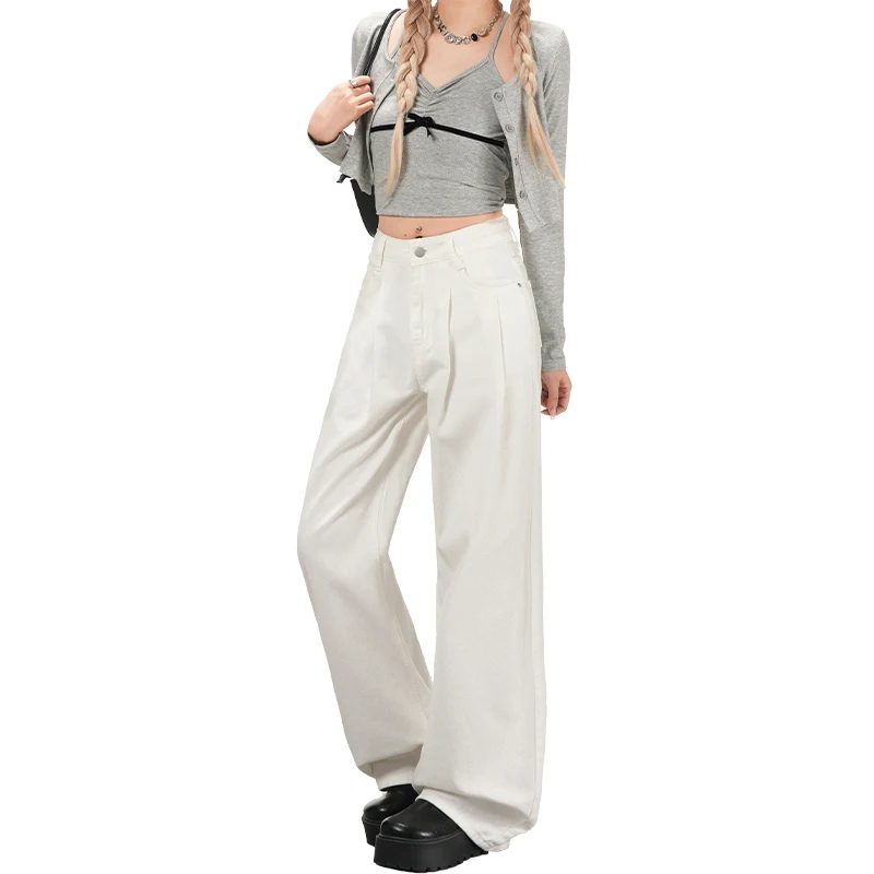 レディースパンツ Y2K ジーンズ バギーパンツ ホワイト ストレッチ 快適フィット スリムで背が高く見えるスタイリッシュな服装に バギージーンズ