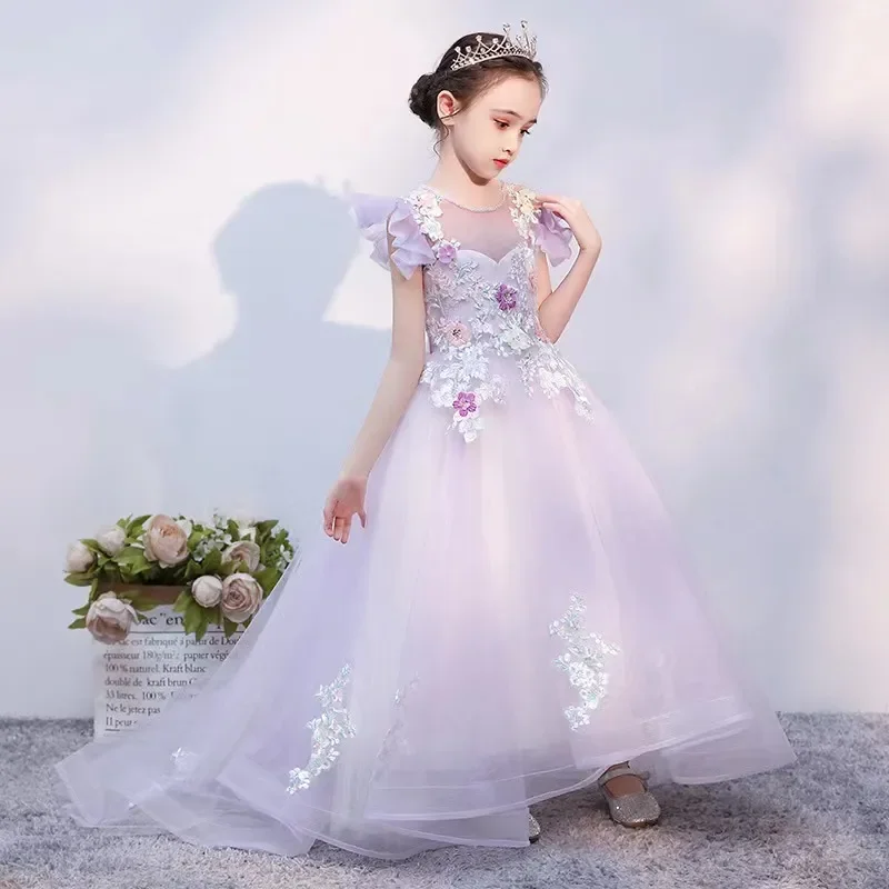 Bella ragazza viola principessa abito da ballo Appliques di pizzo perla prima comunione costumi da ballo vestito fiore 2023