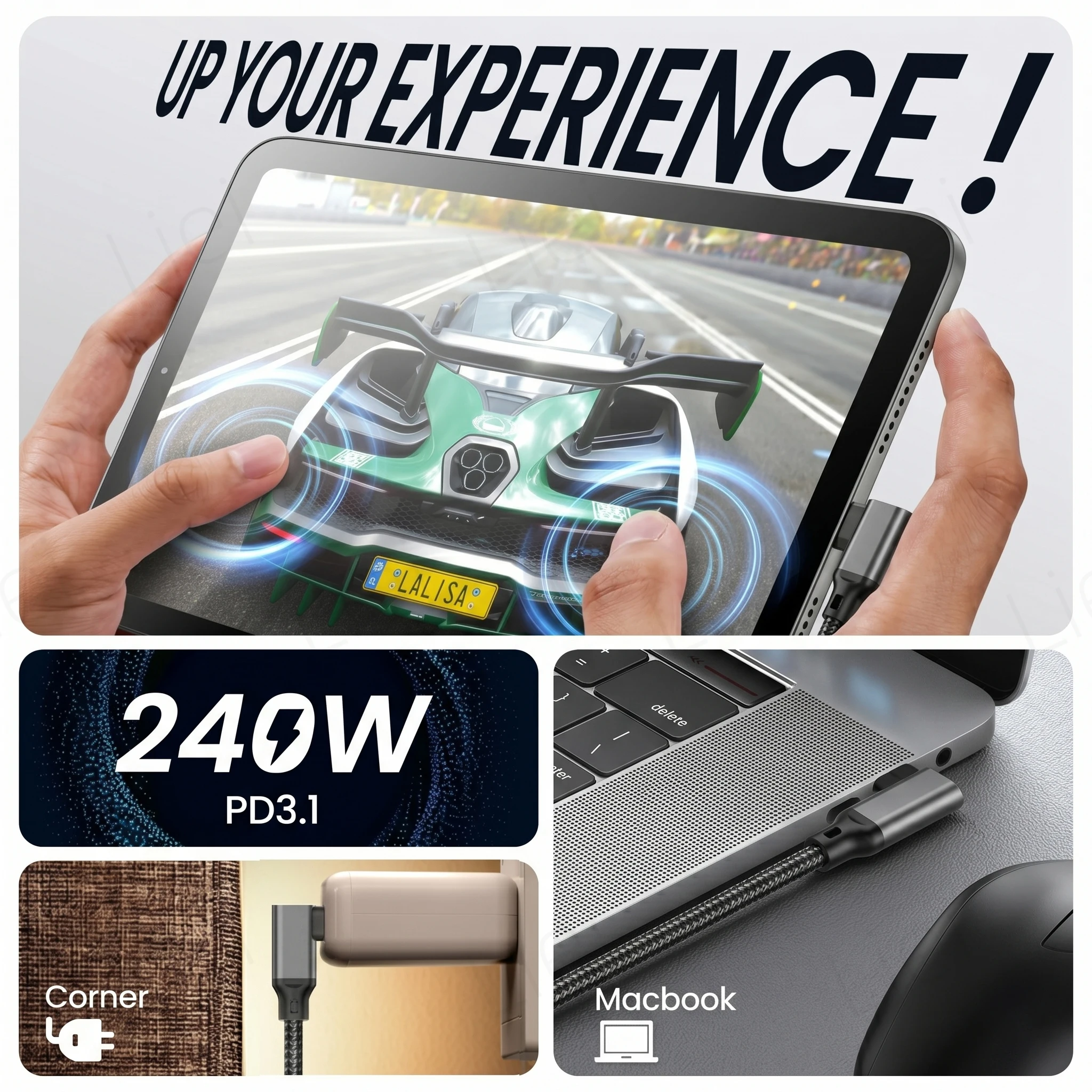 Kabel do monitora 20 Gbps 5K/4K, kabel USB typu C z kątowym złączem 90 stopni w kształcie litery L °   Transfer danych USB3.2 Gen2x2, ładowanie PD 240W — zdjęcie produktu 4