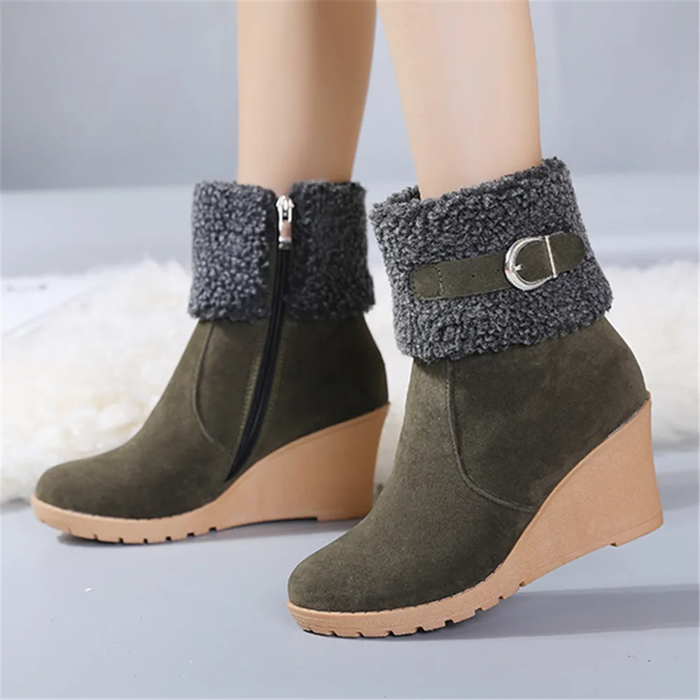 Winter Boots Women Fur Warm Snow Boots Ladies Side Zip Wedges Flock Booties Ankle Boots Comfortable Shoes Casual Female Boots