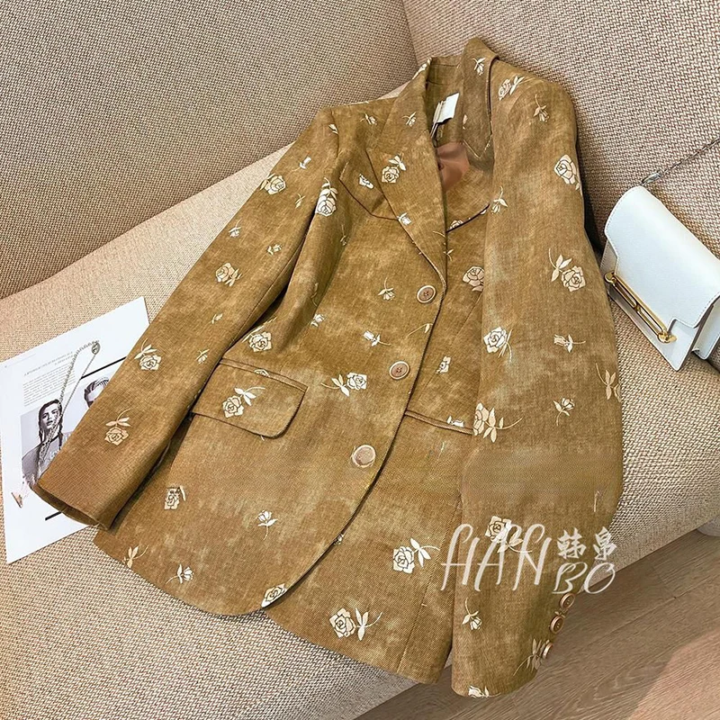 로즈 플로랄 프린트 블레이저 여성 빈티지 클래식 시크 라펠 재킷 긴 소매 싱글 브레스트 루즈 캐주얼 하라주쿠 코트