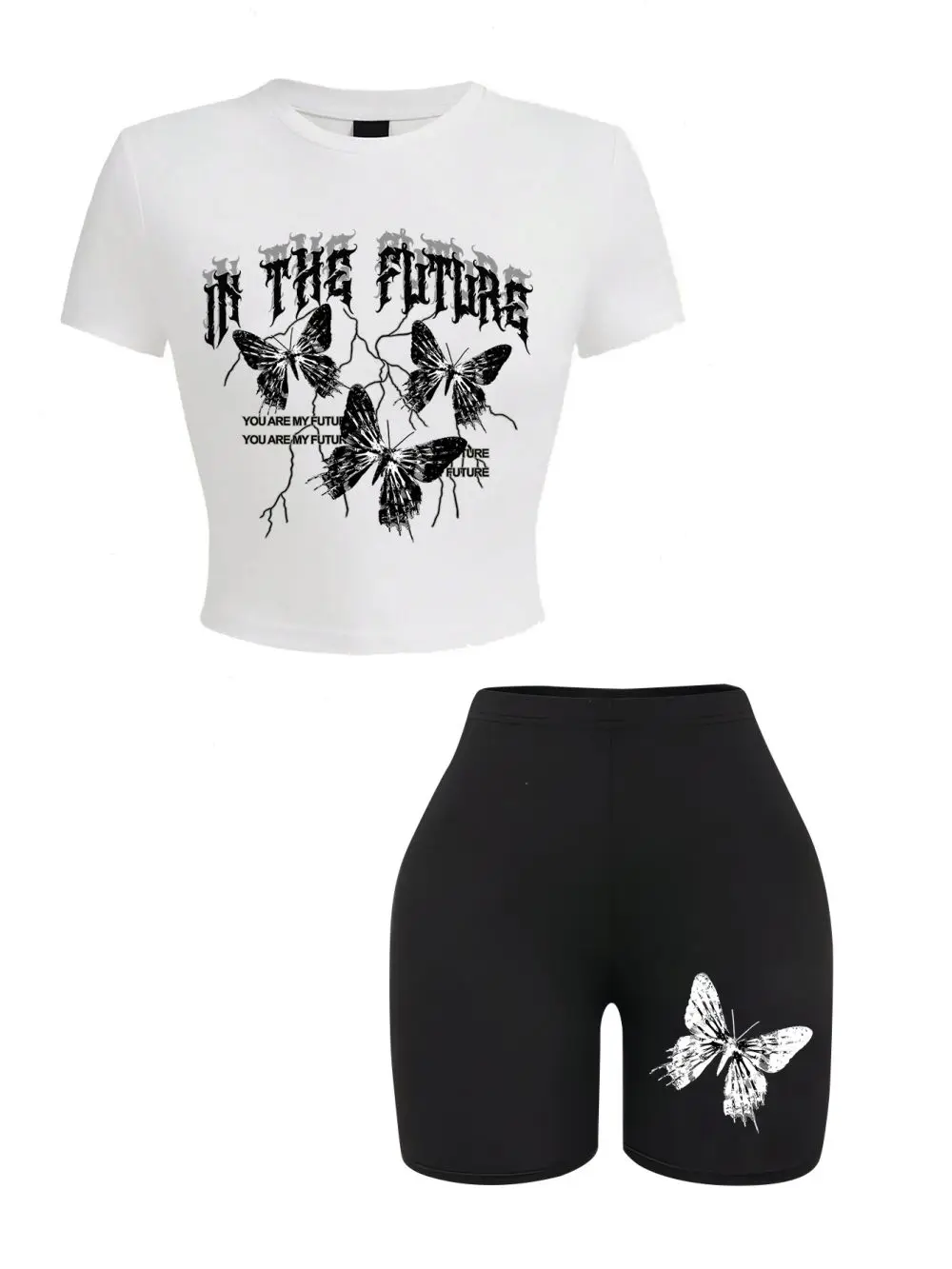 Casual Womans Crop Tops & Shorts Two Pieces Set In The Future Dark Black Butterfly Print T-Shirts Soft Slim High Elastic Clothes